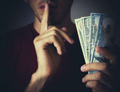 A person is holding a fan of cash with one hand while gesturing silence with a finger to their lips with the other.