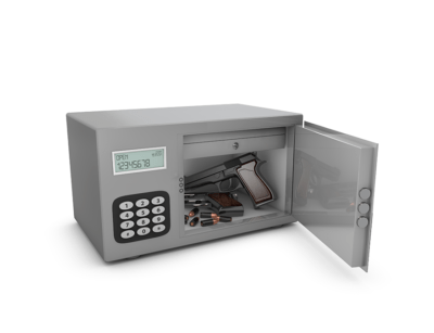 A digital safe containing a handgun and ammunition with its door open, isolated on a white background.