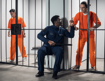 Three people in a prison setting; two in orange jumpsuits behind bars and one in a suit sitting confidently.