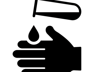 The image shows a black and white icon of a hand under a droplet, suggesting liquid dispensing or handwashing.