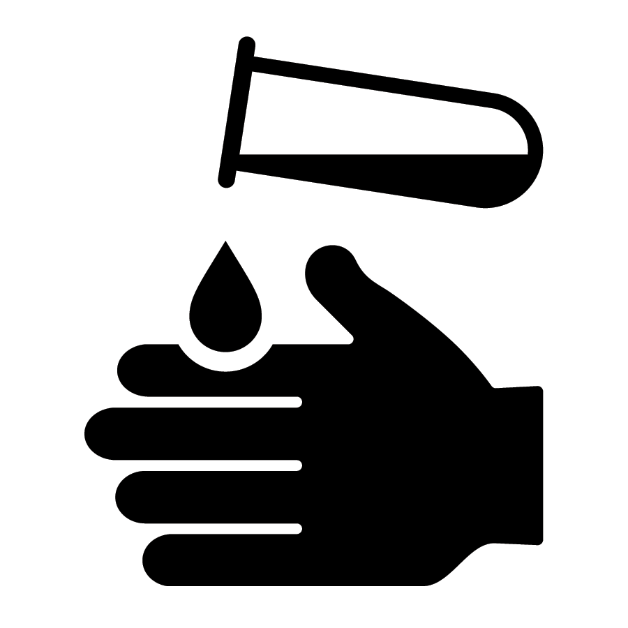 The image shows a black and white icon of a hand under a droplet, suggesting liquid dispensing or handwashing.