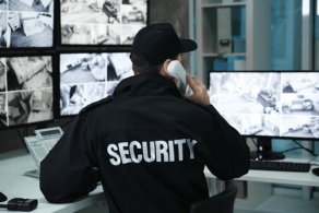 A security guard is monitoring multiple CCTV screens while holding a phone to his ear in a surveillance room.