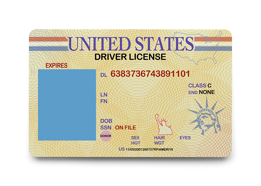 A stylized illustration of a United States driver license with a blue placeholder where a photo would typically be.