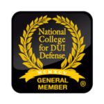 The image shows a black badge with gold details representing membership to the National College for DUI Defense.