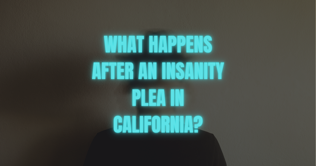 Neon blue headline on a dark wall asking, 'What happens after an insanity plea in California?'. A chair back is barely visible below the text.